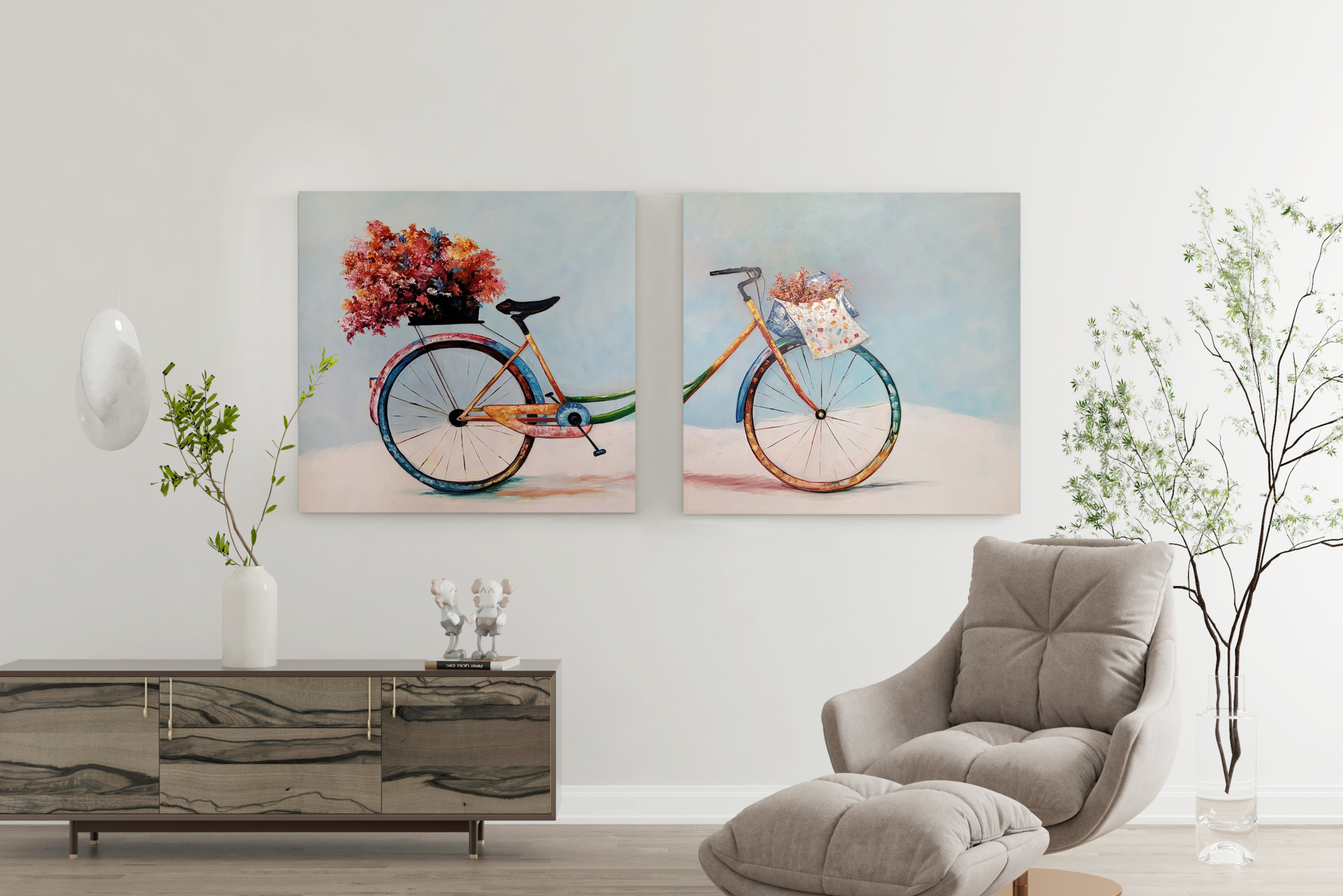 Pareja de Cuadros Pedaleando entre flores